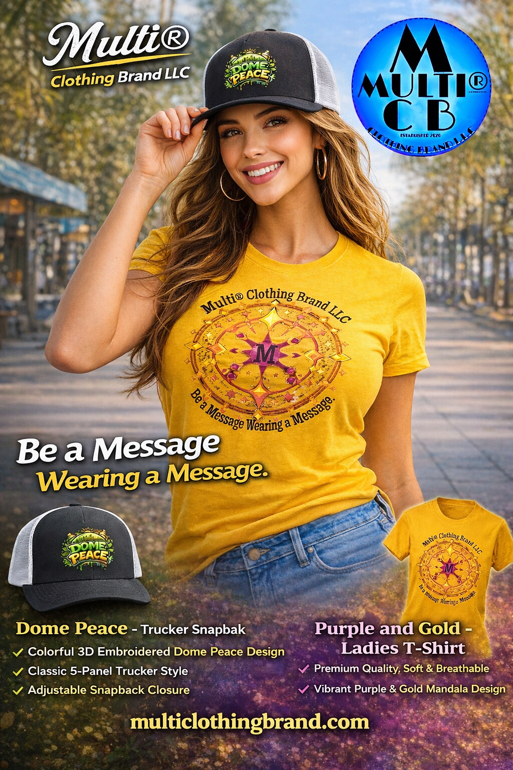 Streetwear That Speaks: Dome Peace - Trucker Snapback Cap & Purple and Gold - Ladies T-Shirt