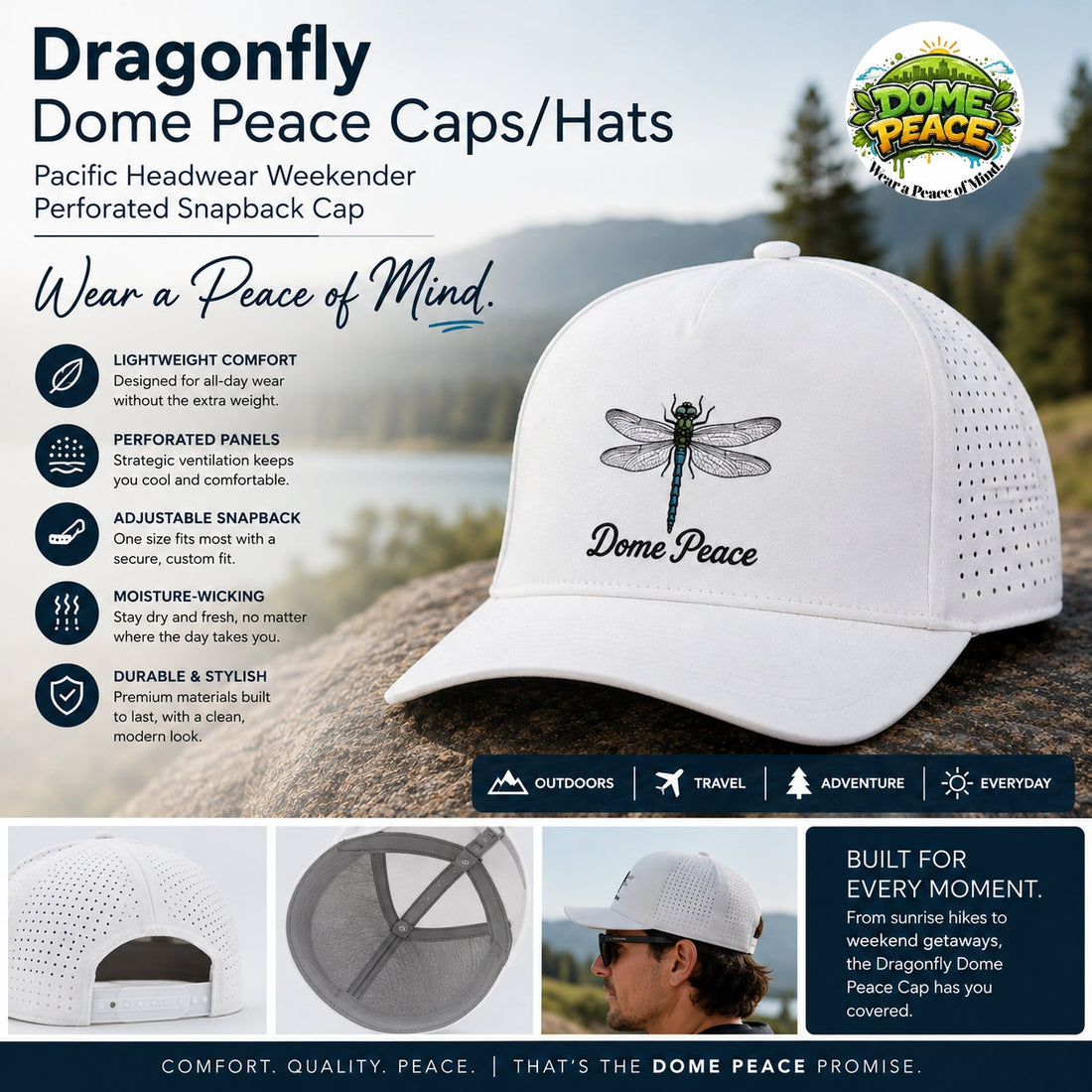 Dragonfly - Dome Peace Caps/Hats - Pacific Headwear Weekender Perforated Snapback Cap: Streetwear for the Conscious Mind