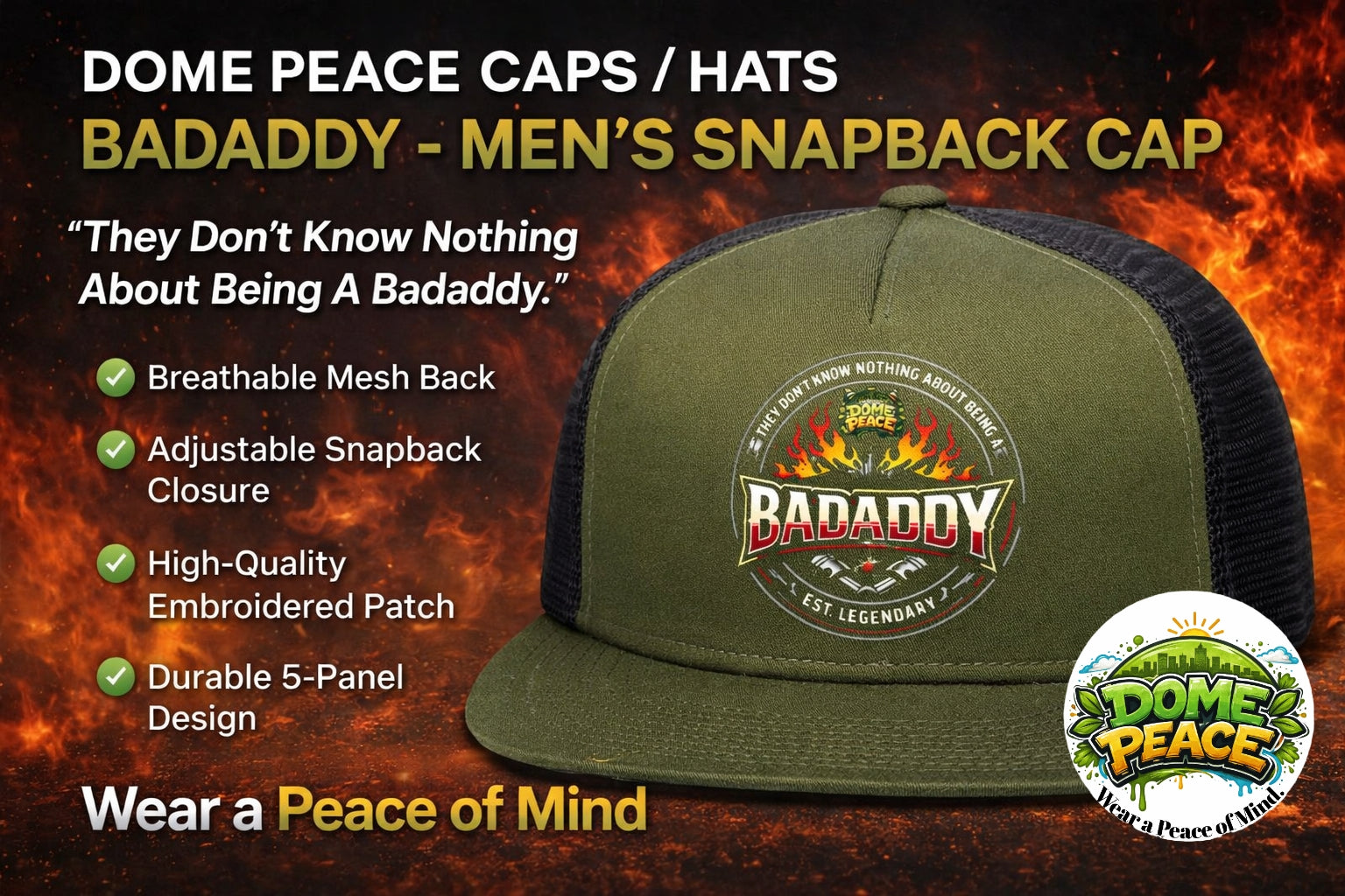 Dome Peace Caps /Hats - Badaddy - Men's Snapback Cap: The Definition of Bold Fatherhood &amp; Streetwear Confidence
