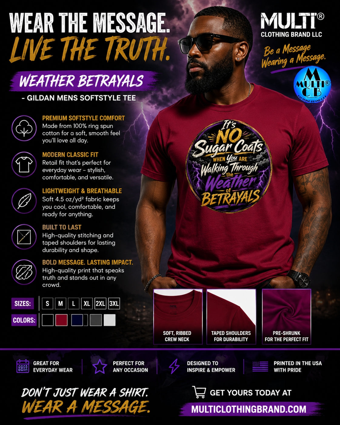 Gildan Mens Softstyle Tee in maroon with weather betrayal graphic, crew neck, short sleeves, lightweight cotton blend for comfort