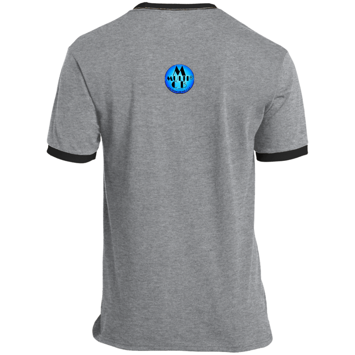Back view of My Presence Mens Ringer T-Shirt in heather gray with black trim, showcasing a small blue brand logo near the neckline.