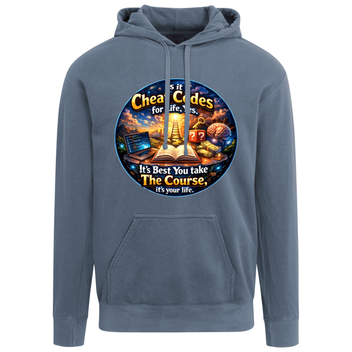 Ladies blue garment-dyed hoodie with gaming-themed graphic