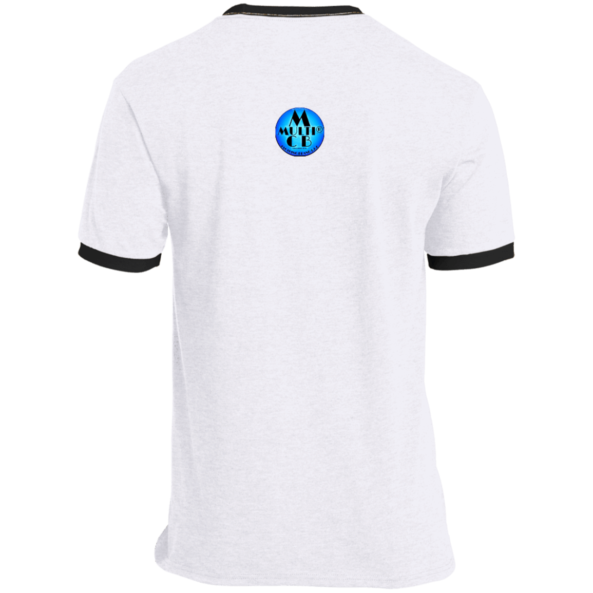 Back of white My Presence Mens Ringer T-Shirt with black trim, featuring a small blue circular brand logo at the upper back.