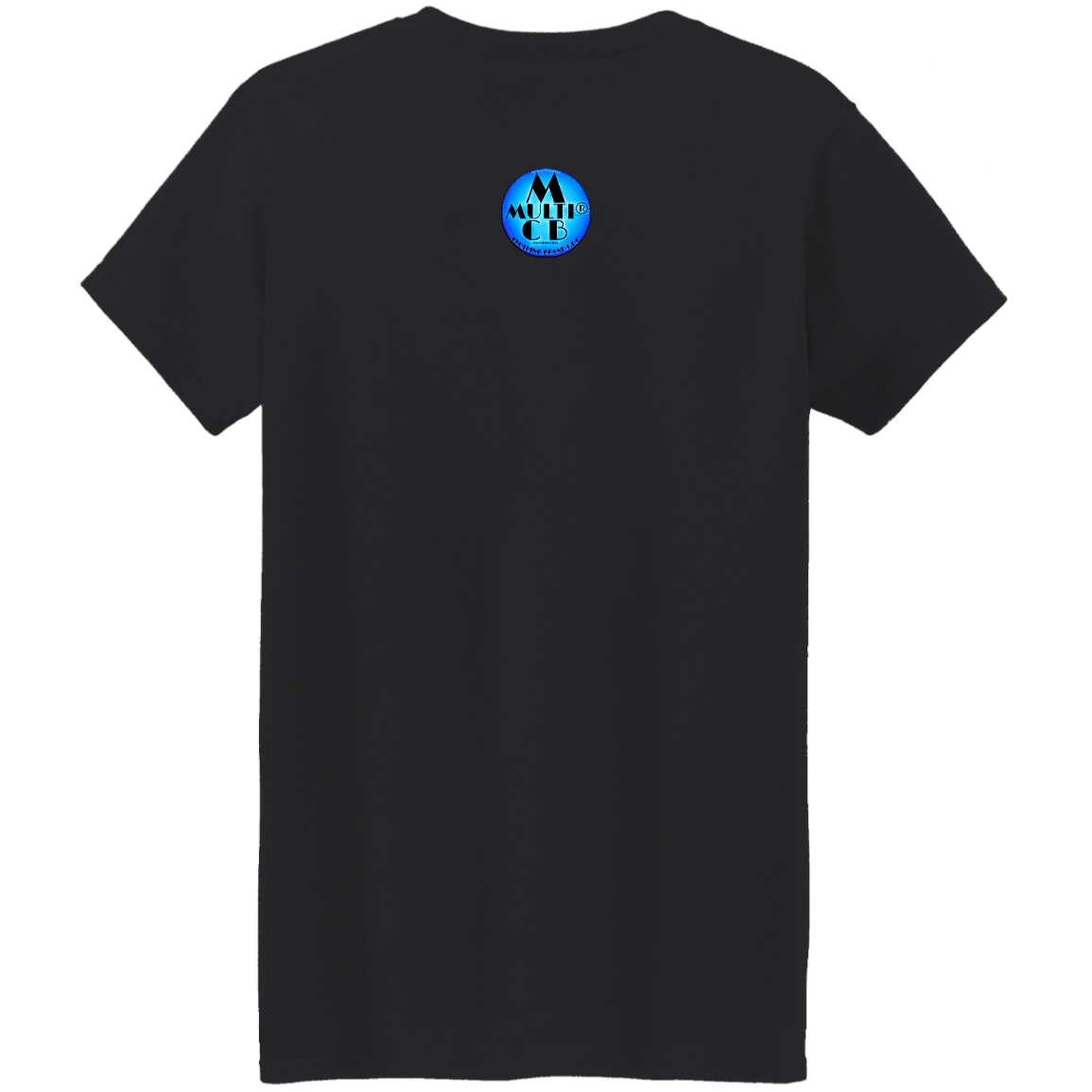 Black cotton T-shirt with blue logo on back