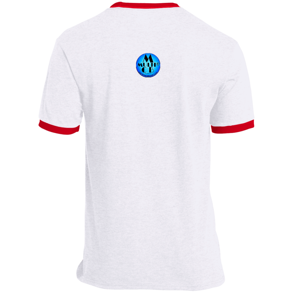 Back of white My Presence Mens Ringer T-Shirt with red trim, showing a small blue brand logo at the top center.