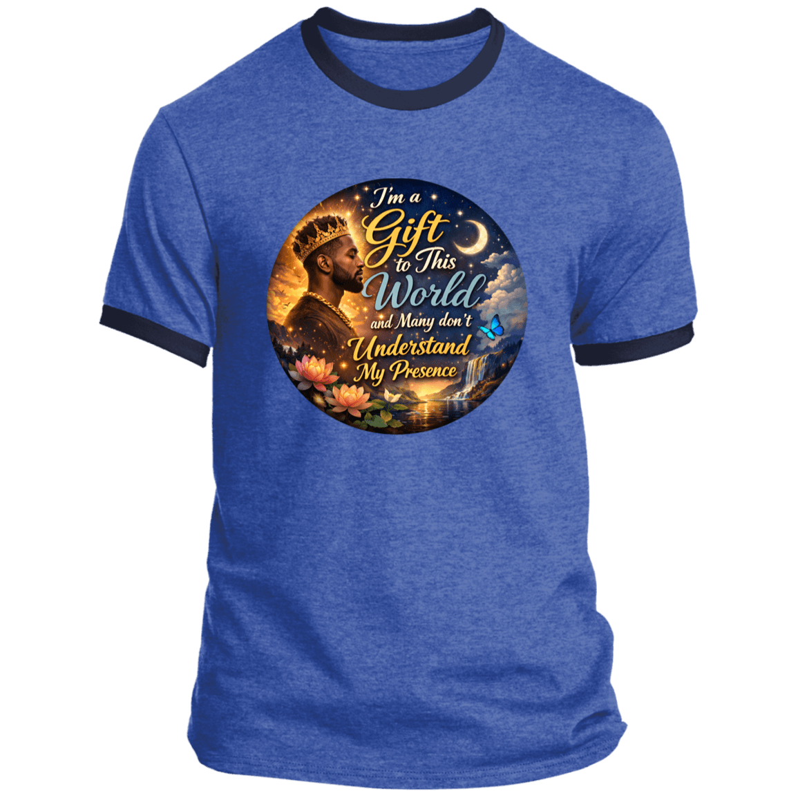 Heather blue My Presence Mens Ringer Tee with navy trim, featuring a colorful DIGISOFT® print and soft cotton fabric.