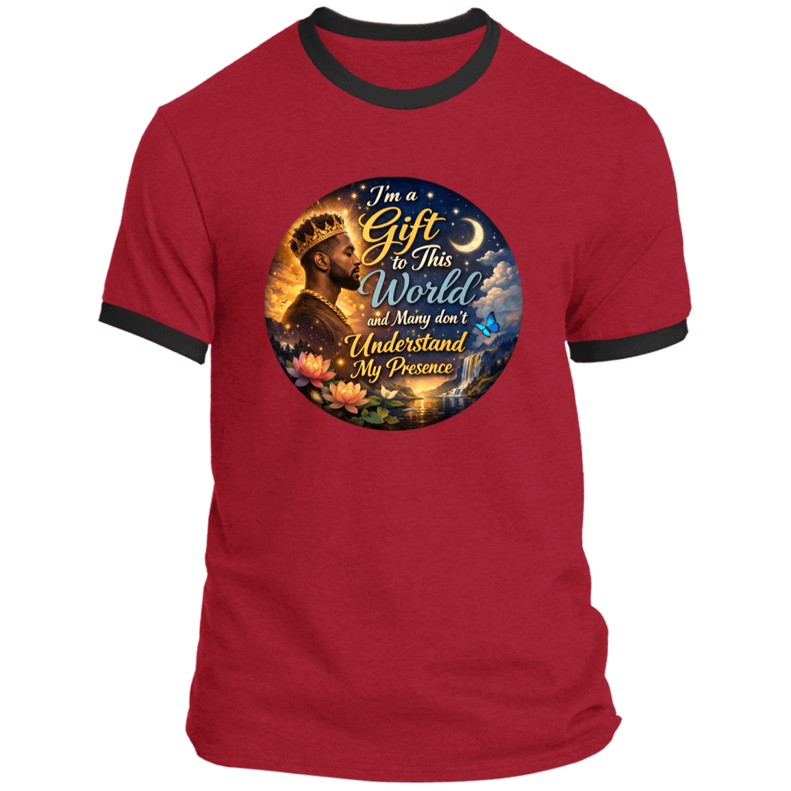 Red My Presence Mens Ringer Tee with black trim, 100% cotton with a vivid motivational graphic ideal for casual streetwear.