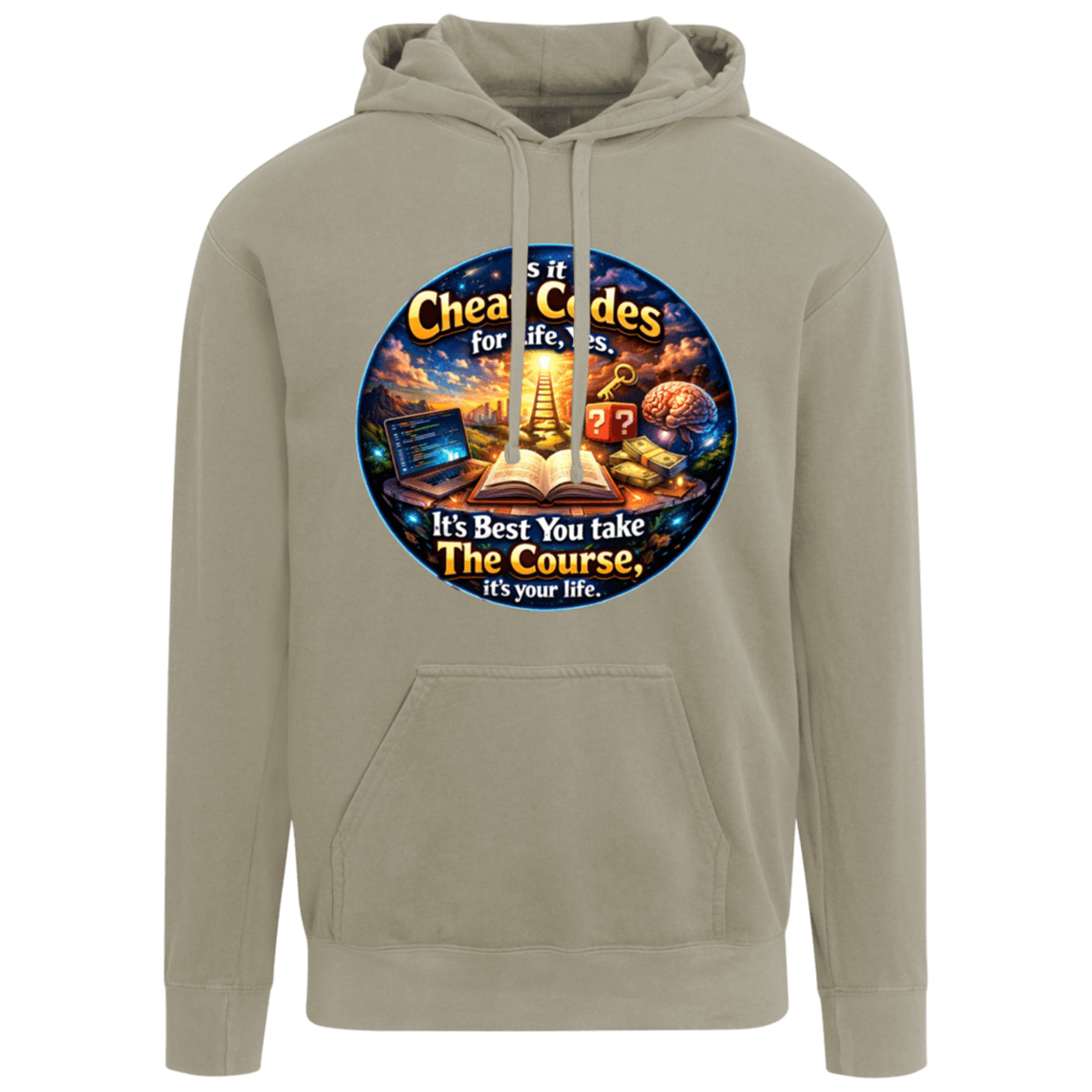 Beige hoodie with colorful graphic print, casual clothing for men