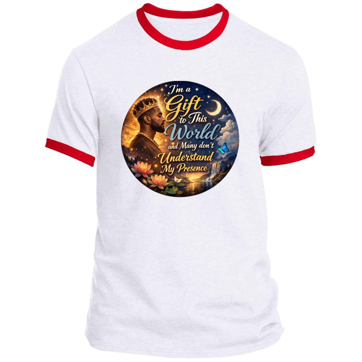 White My Presence Mens Ringer Tee with red trim, made from DIGISOFT® cotton and featuring a colorful, empowering front design.