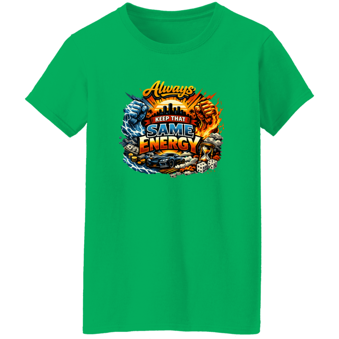 Green graphic T-shirt with energetic design and message for women