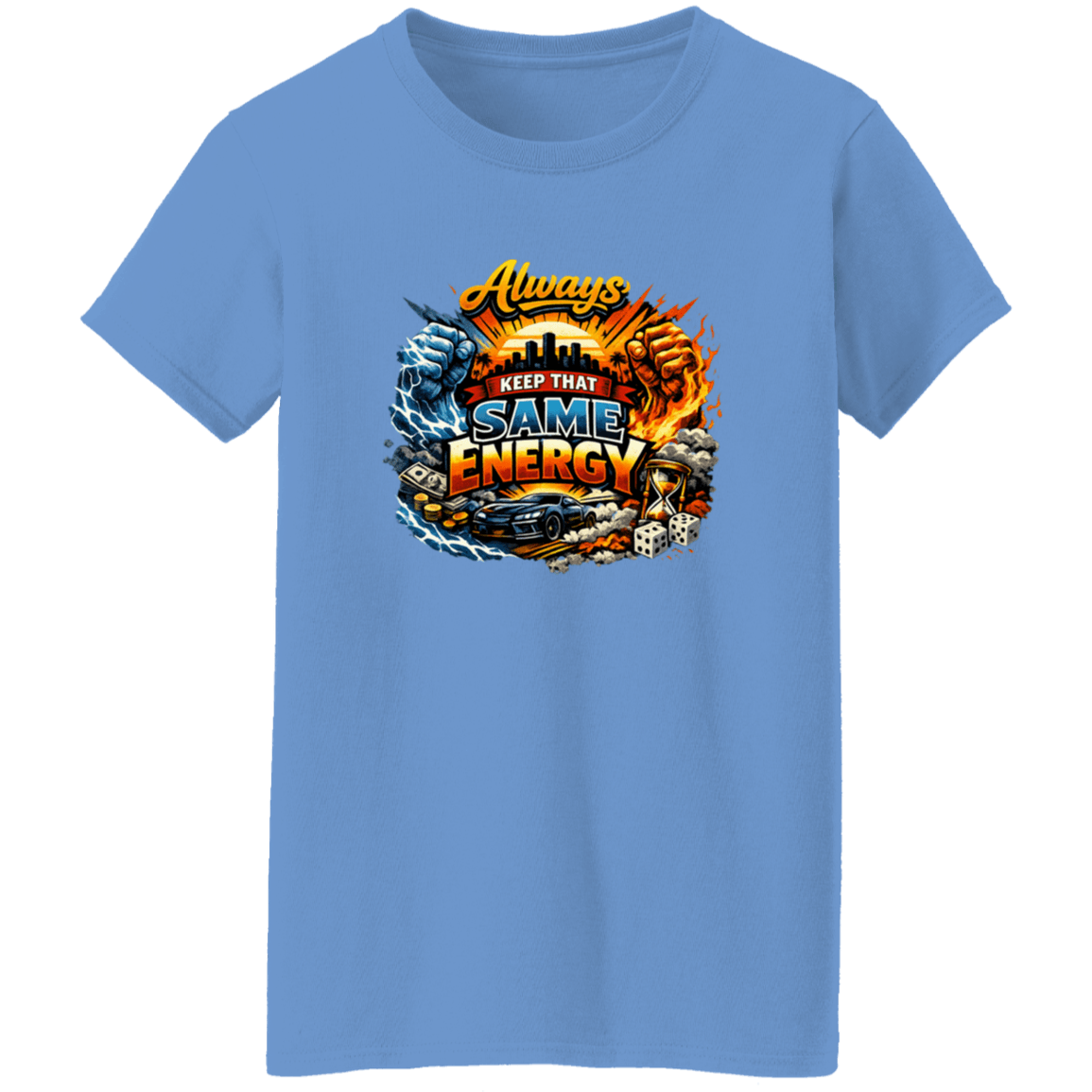 Blue graphic T-shirt with colorful design and text