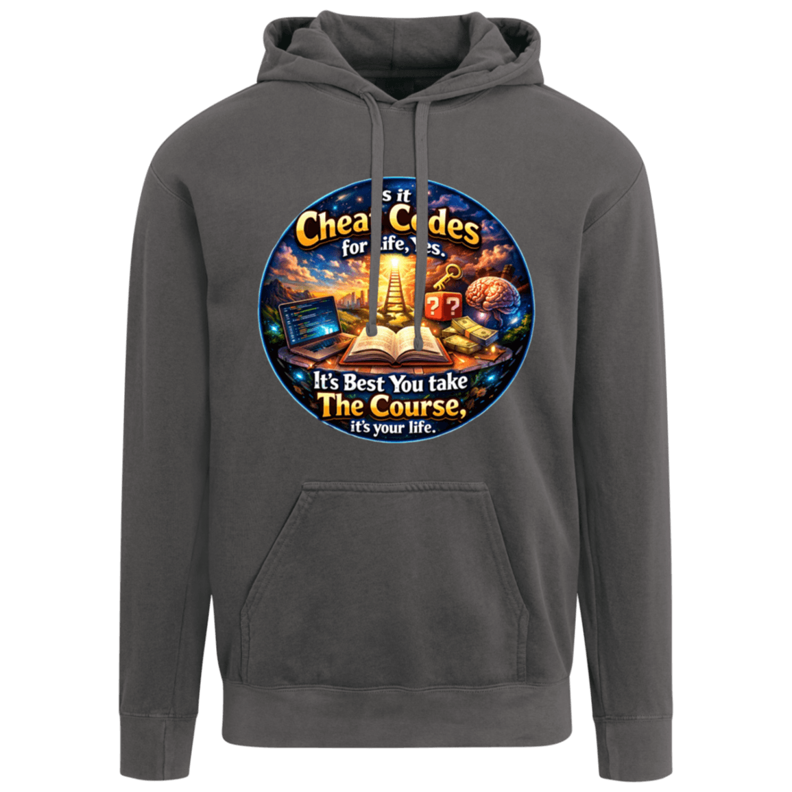 Ladies Garment-Dyed Hoodie with colorful gaming-themed graphic for casual wear