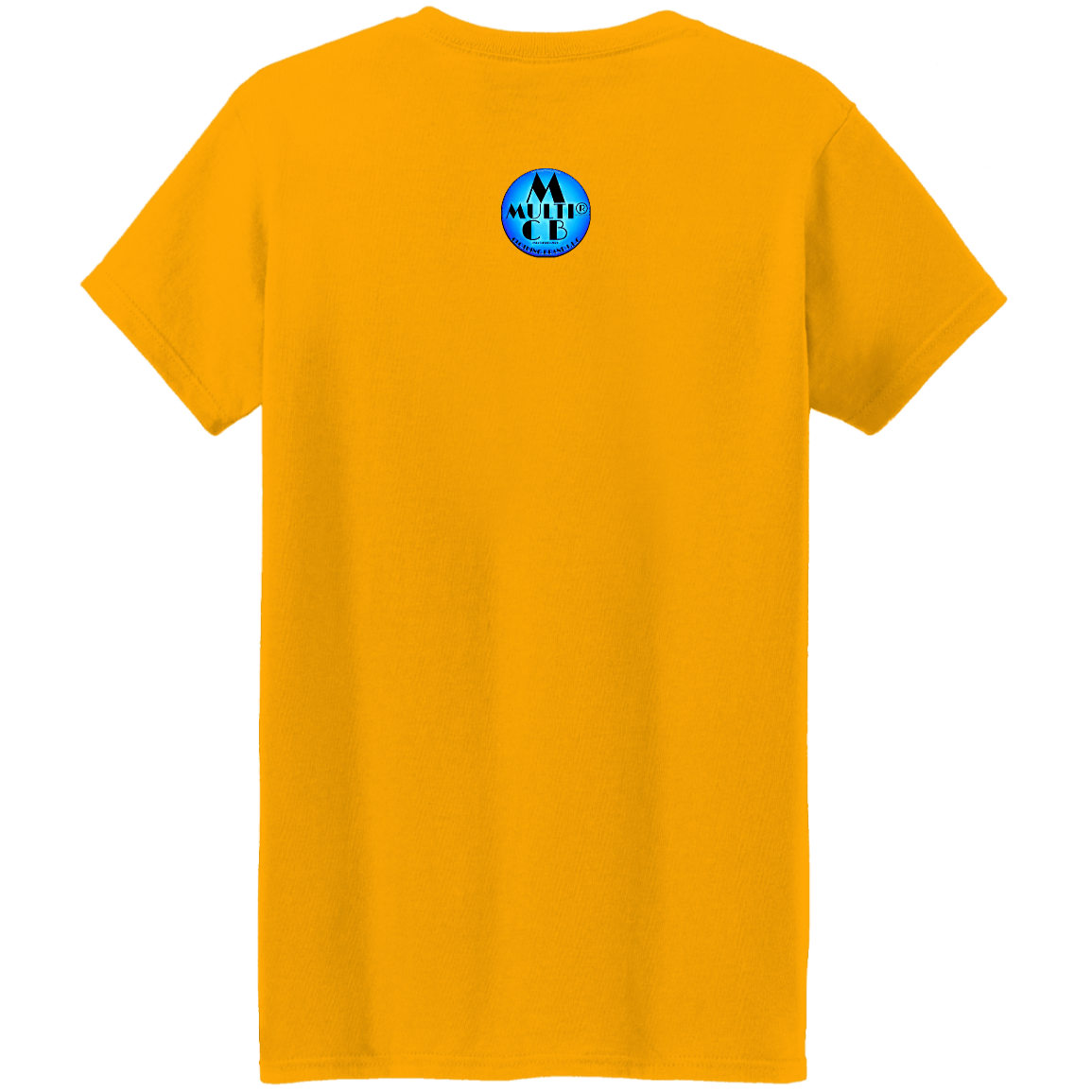 Front view of pink graphic T-shirt with fists and cityscape design