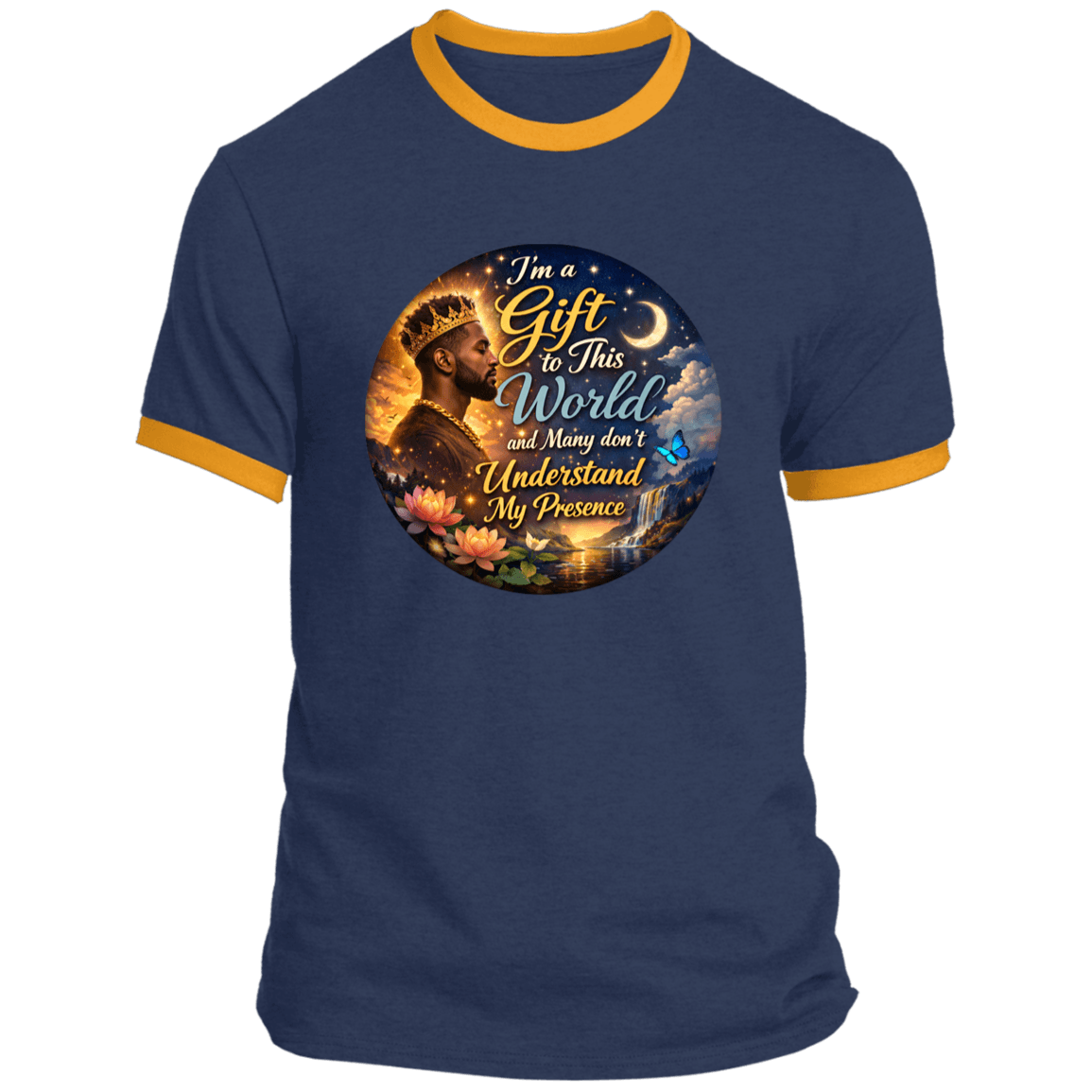 Navy My Presence Mens Ringer Tee with gold trim, made from 100% cotton and printed with a bold, uplifting message design.