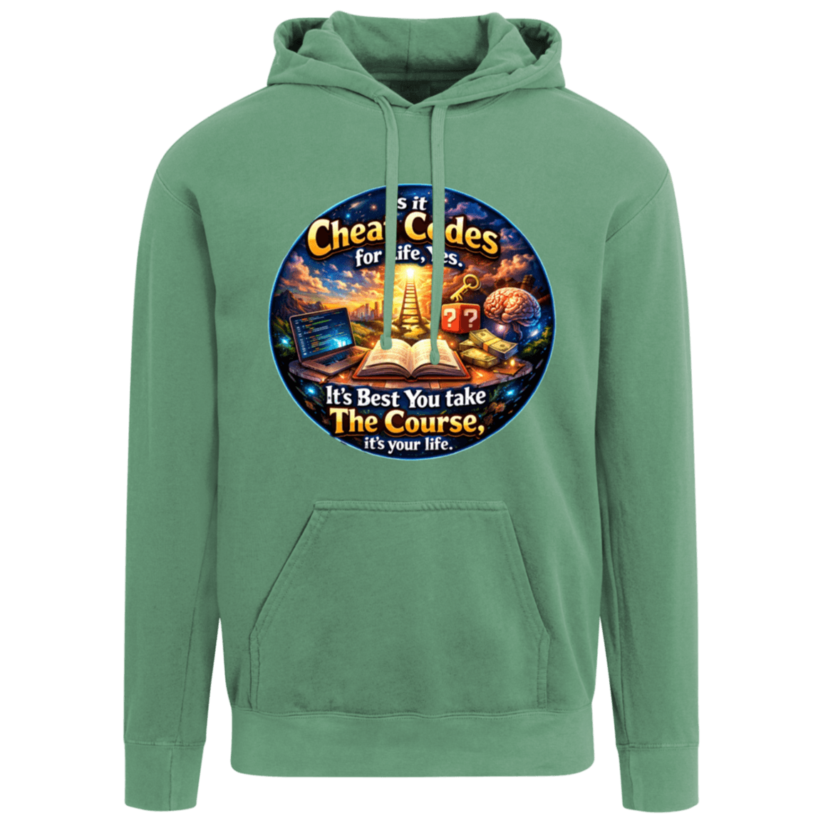 Ladies green garment-dyed hoodie with colorful gaming-themed graphic