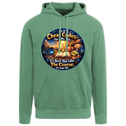 Ladies green garment-dyed hoodie with colorful gaming-themed graphic