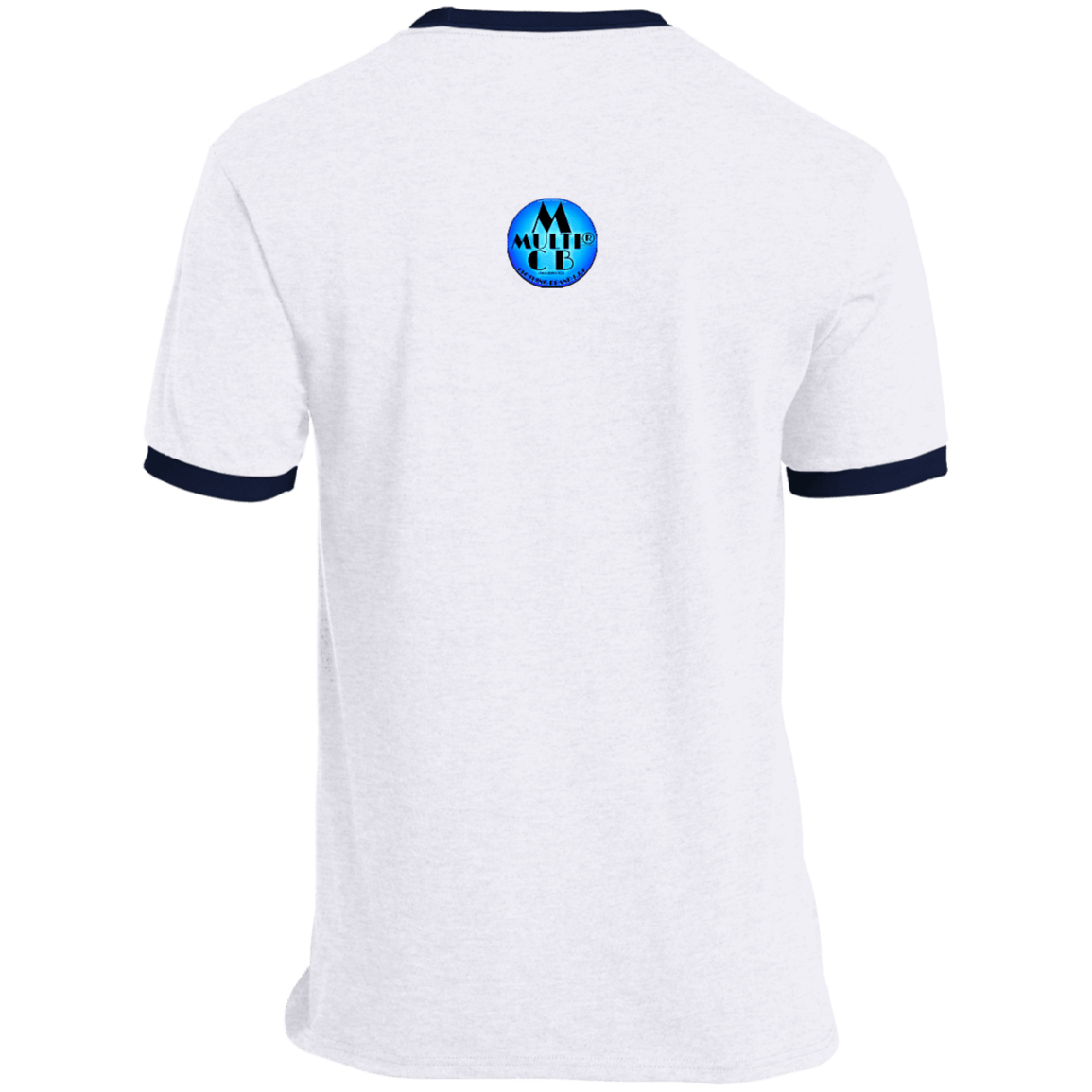 Rear view of white My Presence Mens Ringer T-Shirt with navy trim, includes a blue logo centered below the collar.
