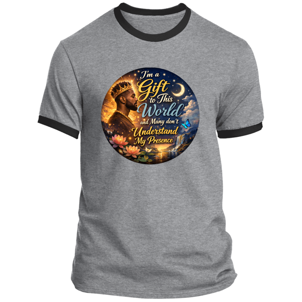 My Presence Mens Ringer Tee in heather gray with black trim, featuring a bold graphic and uplifting quote on 100% DIGISOFT® cotton.