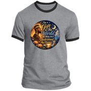 My Presence Mens Ringer Tee in heather gray with black trim, featuring a bold graphic and uplifting quote on 100% DIGISOFT® cotton.