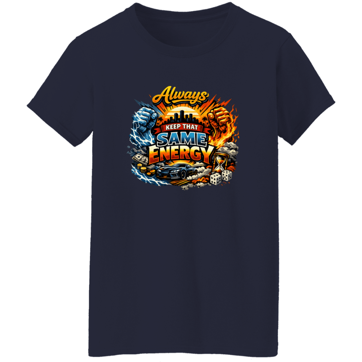 Navy cotton T-shirt with graphic design, that same energy message, and dynamic elements