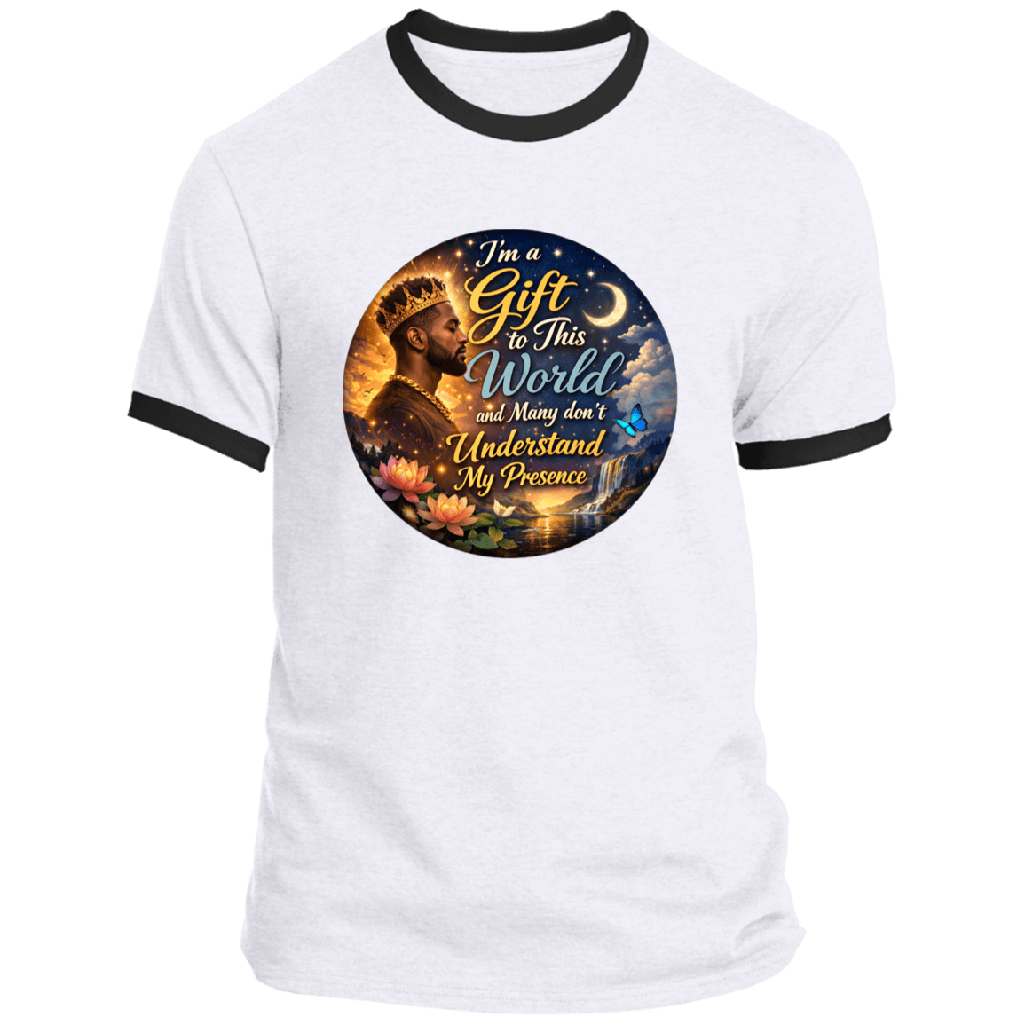 White My Presence Mens Ringer Tee with black trim, printed with a colorful inspirational design on soft 100% cotton fabric.
