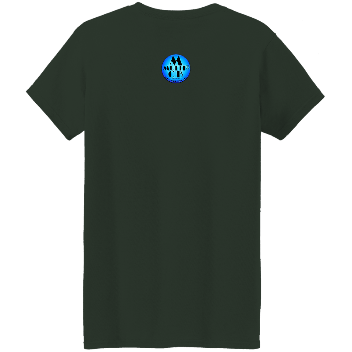 Back view of graphic T-shirt with logo on dark green fabric