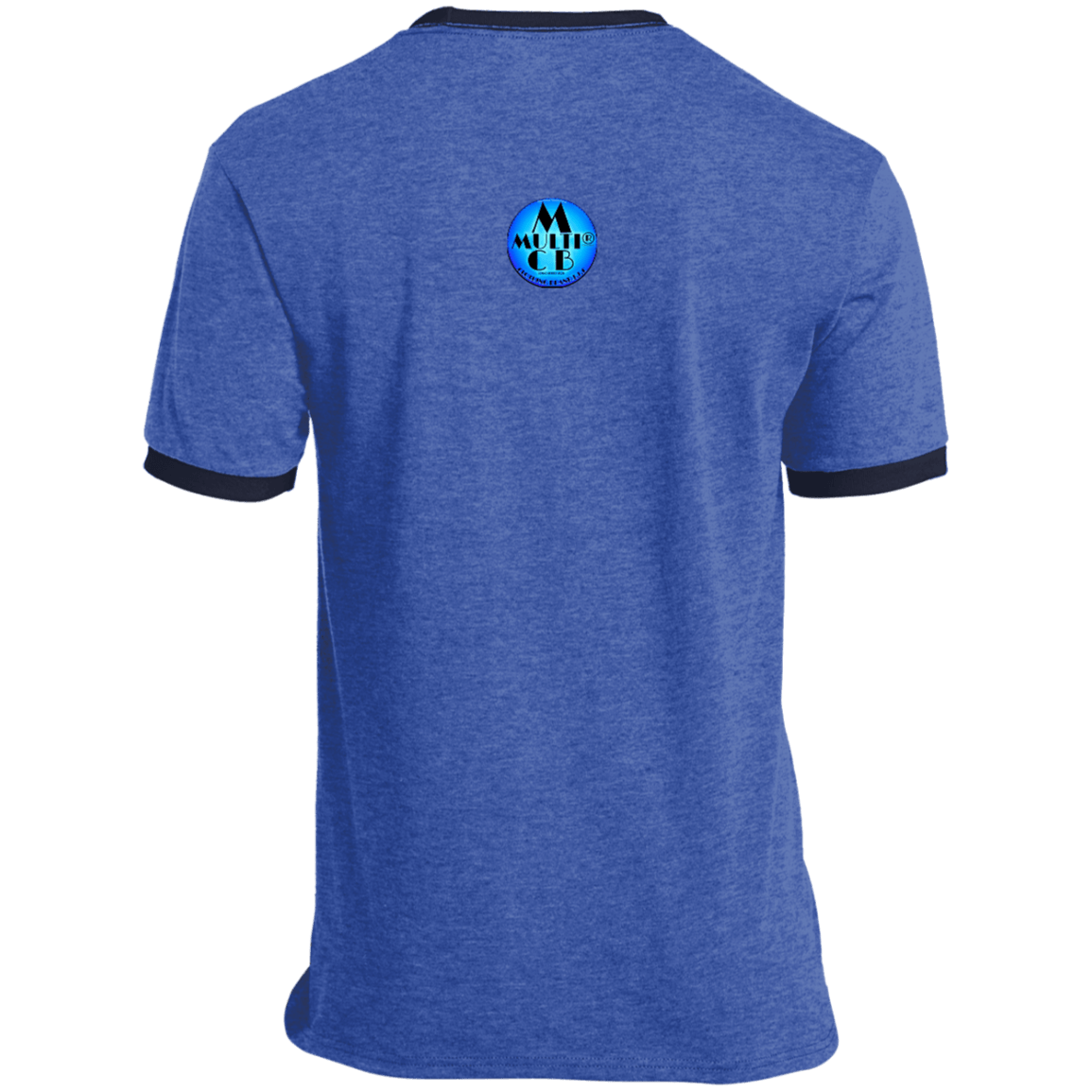 Rear view of heather blue My Presence Mens Ringer T-Shirt with navy trim, showcasing a small blue brand logo at the top.