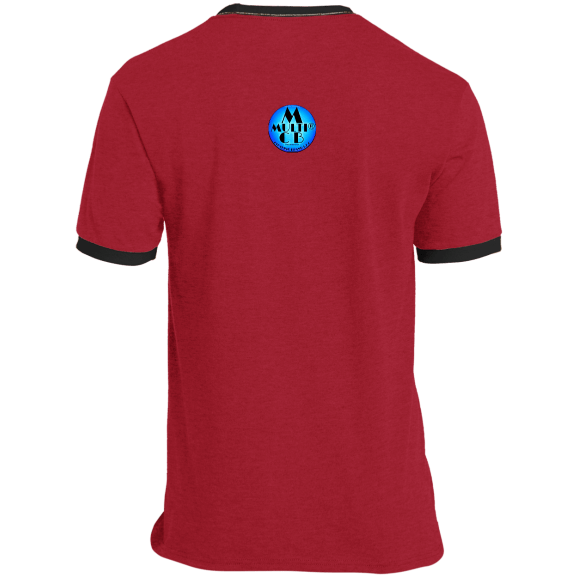 My Presence Mens Ringer Tee in red with black trim, 100% cotton DIGISOFT® print, featuring a blue logo on the upper back. Ideal for casual wear.