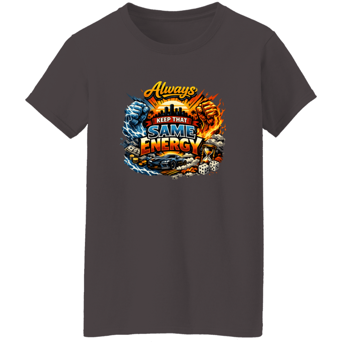 Black graphic T-shirt with vibrant energy design