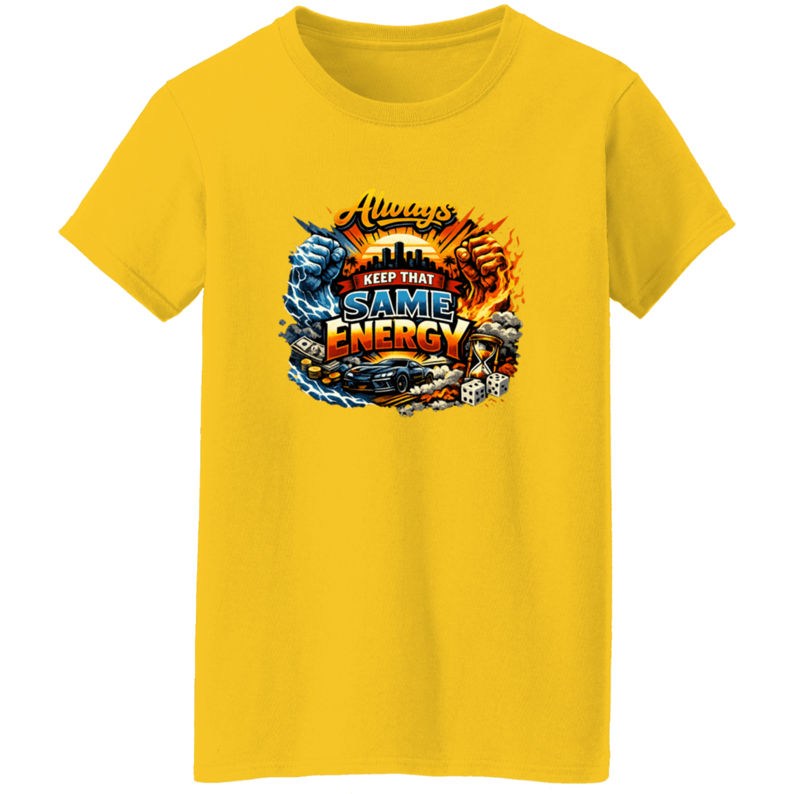 Yellow graphic T-shirt with energetic design and slogan