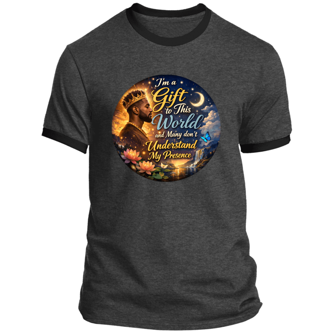 Charcoal My Presence Mens Ringer Tee with black trim, 100% cotton with a vivid, inspirational front print for casual wear.