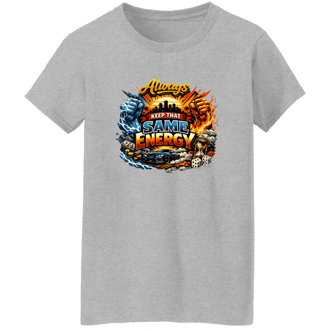 Gray graphic T-shirt with vibrant energy design