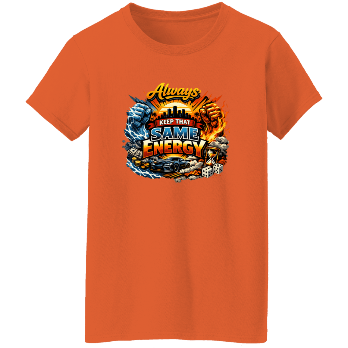 Purple cotton T-shirt with graphic design, that same energy message, and bold colors