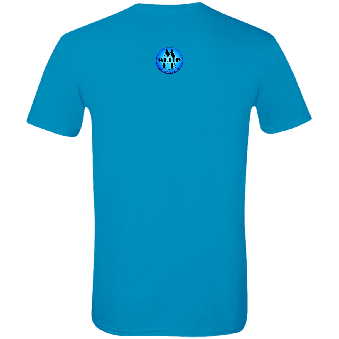 Back view of bright blue Gildan Mens Softstyle Tee with blue circular logo. Lightweight and seamless fit for men.