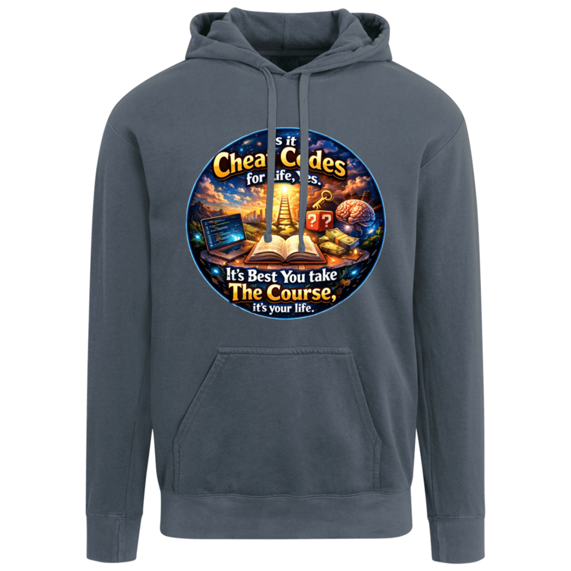 Blue Ladies Garment-Dyed Hoodie with vibrant graphic, casual wear, and relaxed fit