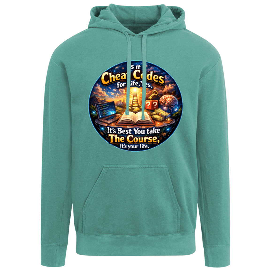 Turquoise hoodie with Cheating Codes graphic, comfortable casual wear