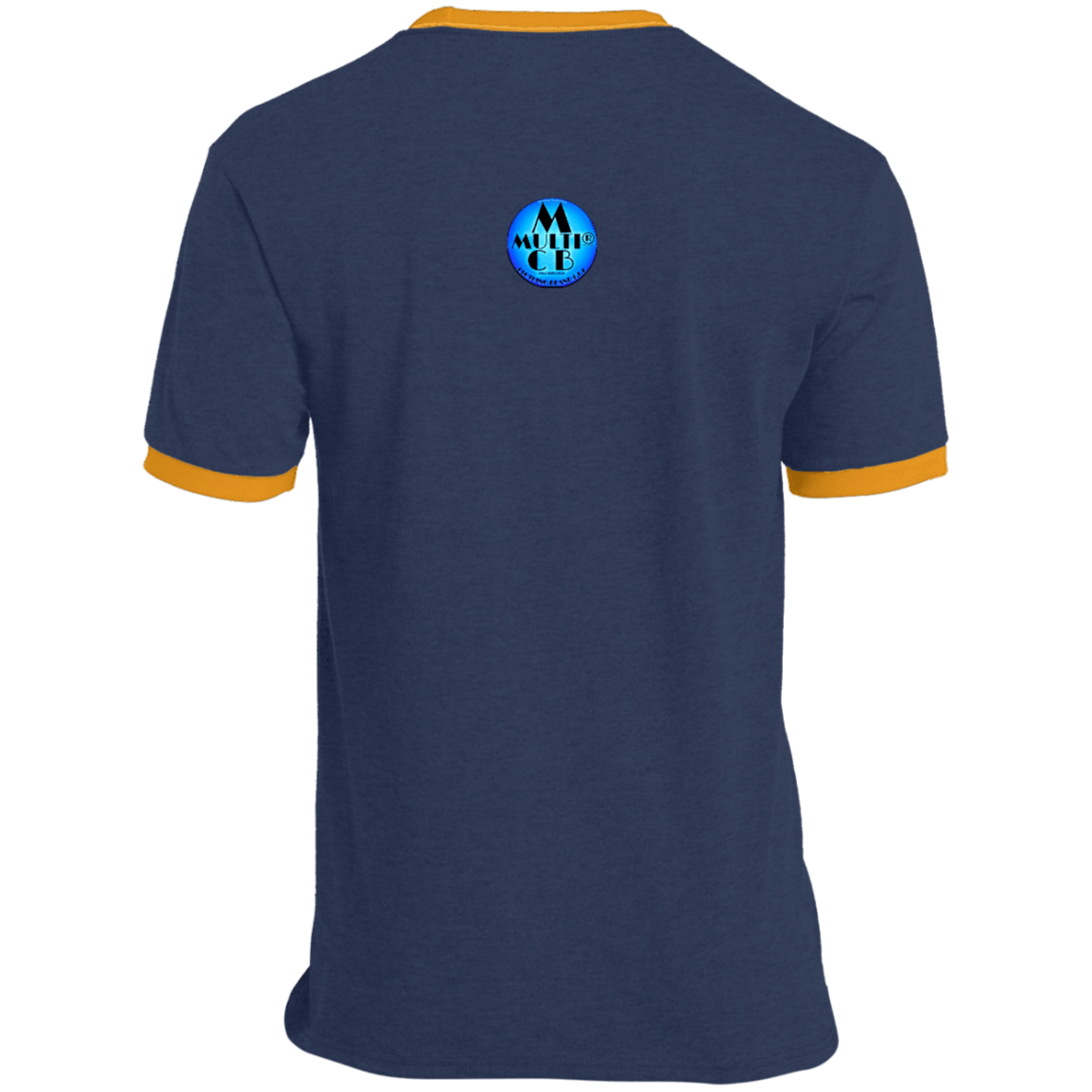 Back of navy My Presence Mens Ringer T-Shirt with gold trim, featuring a small blue brand logo centered near the collar.