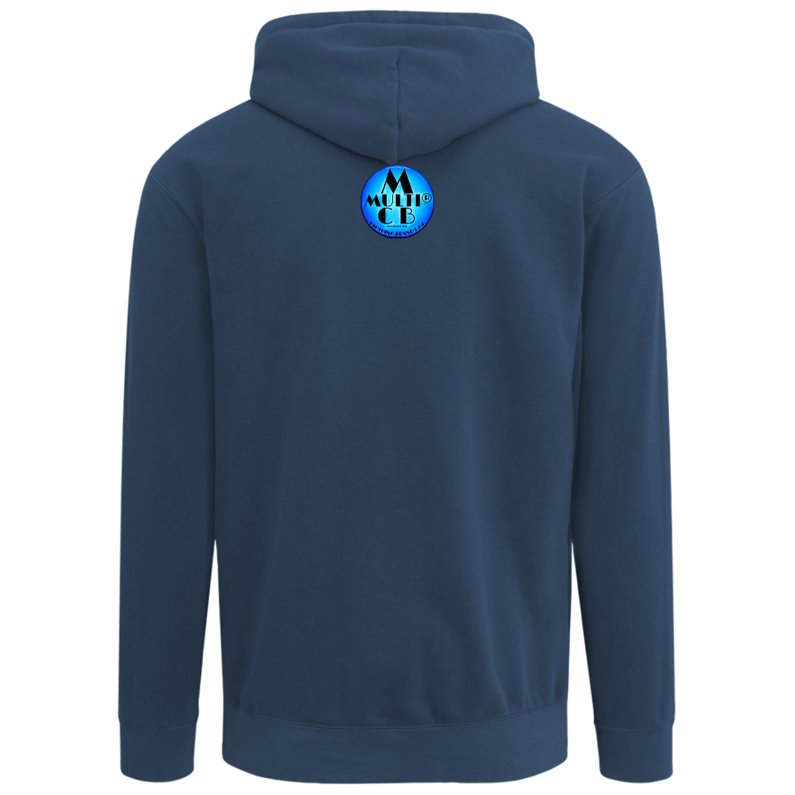 Back view of navy Ladies Garment-Dyed Hoodie - It's Your Life showing blue CB logo below hood. Relaxed fit hoodie crafted from USA cotton.