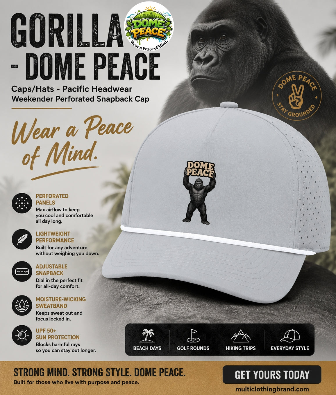 Gorilla - Dome Peace Caps/Hats - Snapback Hats with Perforated Panels