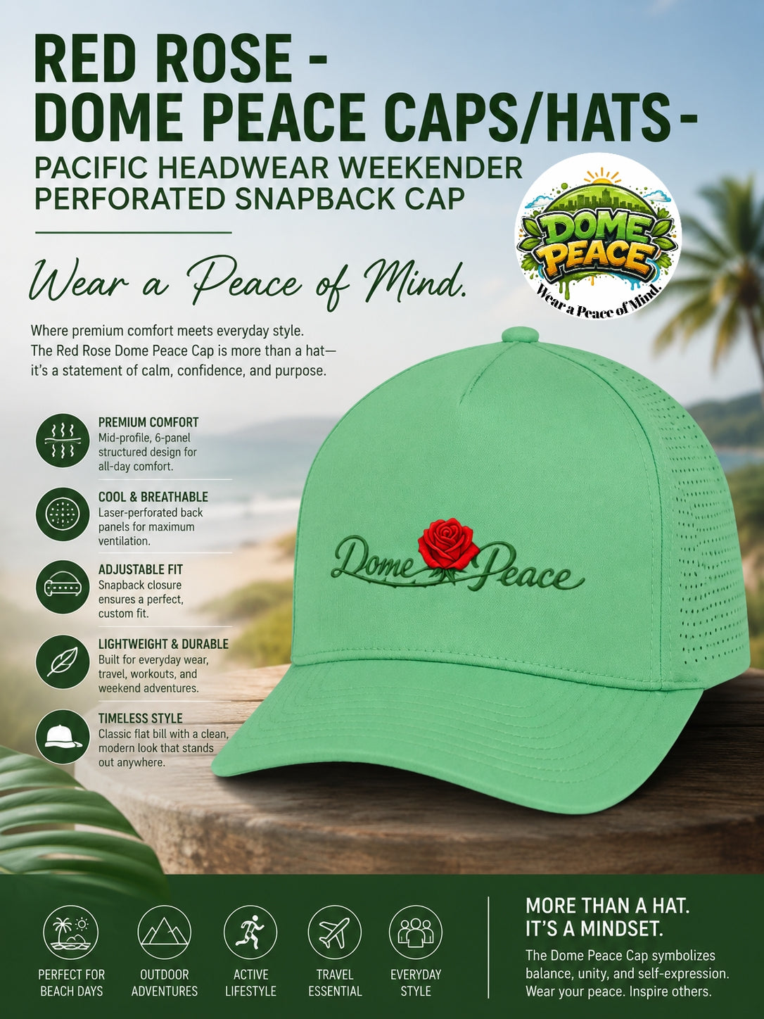 Green Dome Peace Cap with red rose embroidery, adjustable snapback, perforated panels for airflow, casual style