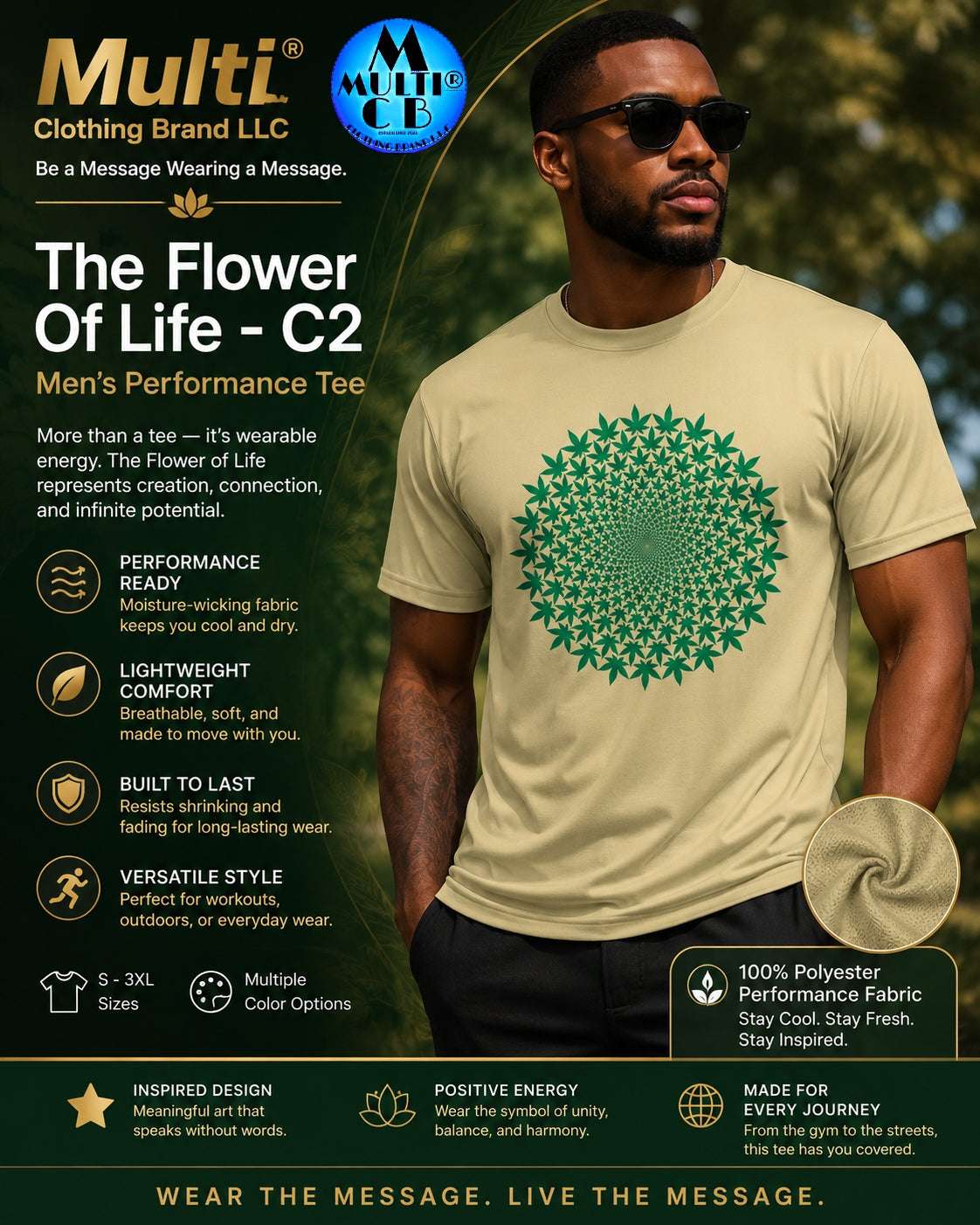 Men's performance short sleeve tee in beige with a green geometric flower of life design, moisture-wicking fabric, and versatile style.