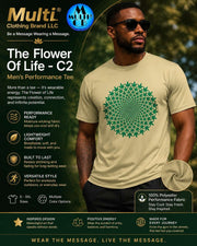 Men's performance short sleeve tee in beige with a green geometric flower of life design, moisture-wicking fabric, and versatile style.