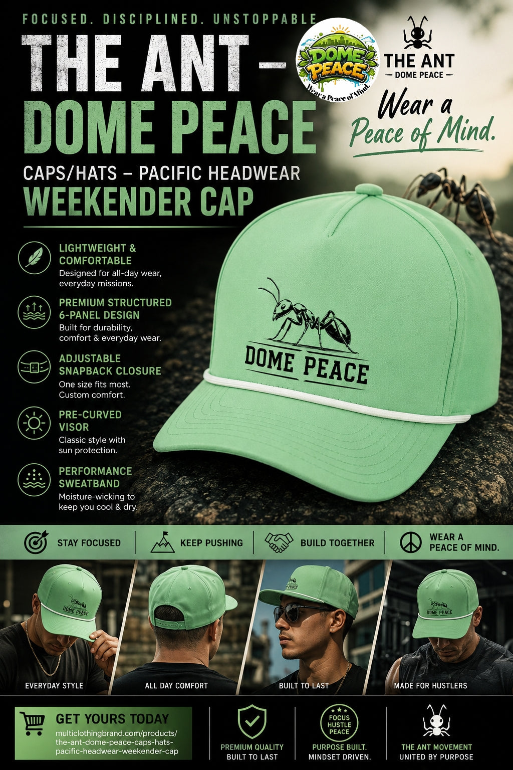 Dome Peace Cap logo on light green 5-panel snapback hat