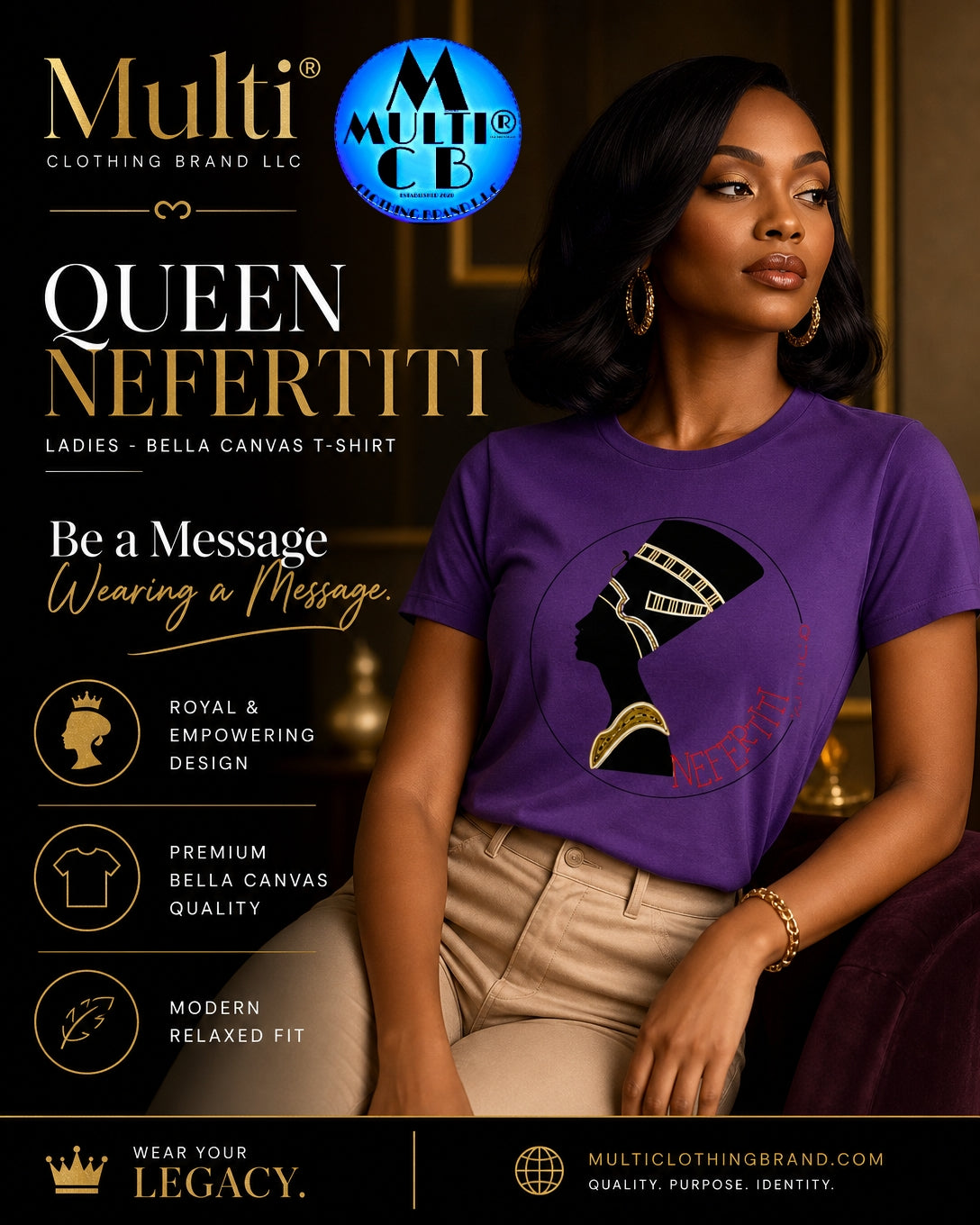 Queen Nefertiti logo on purple T-shirt for women