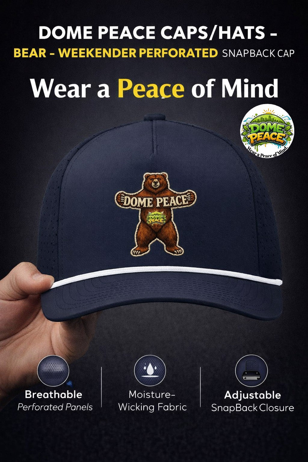 Dome Peace Caps - Bear - Snapback Hats with Perforated Panels