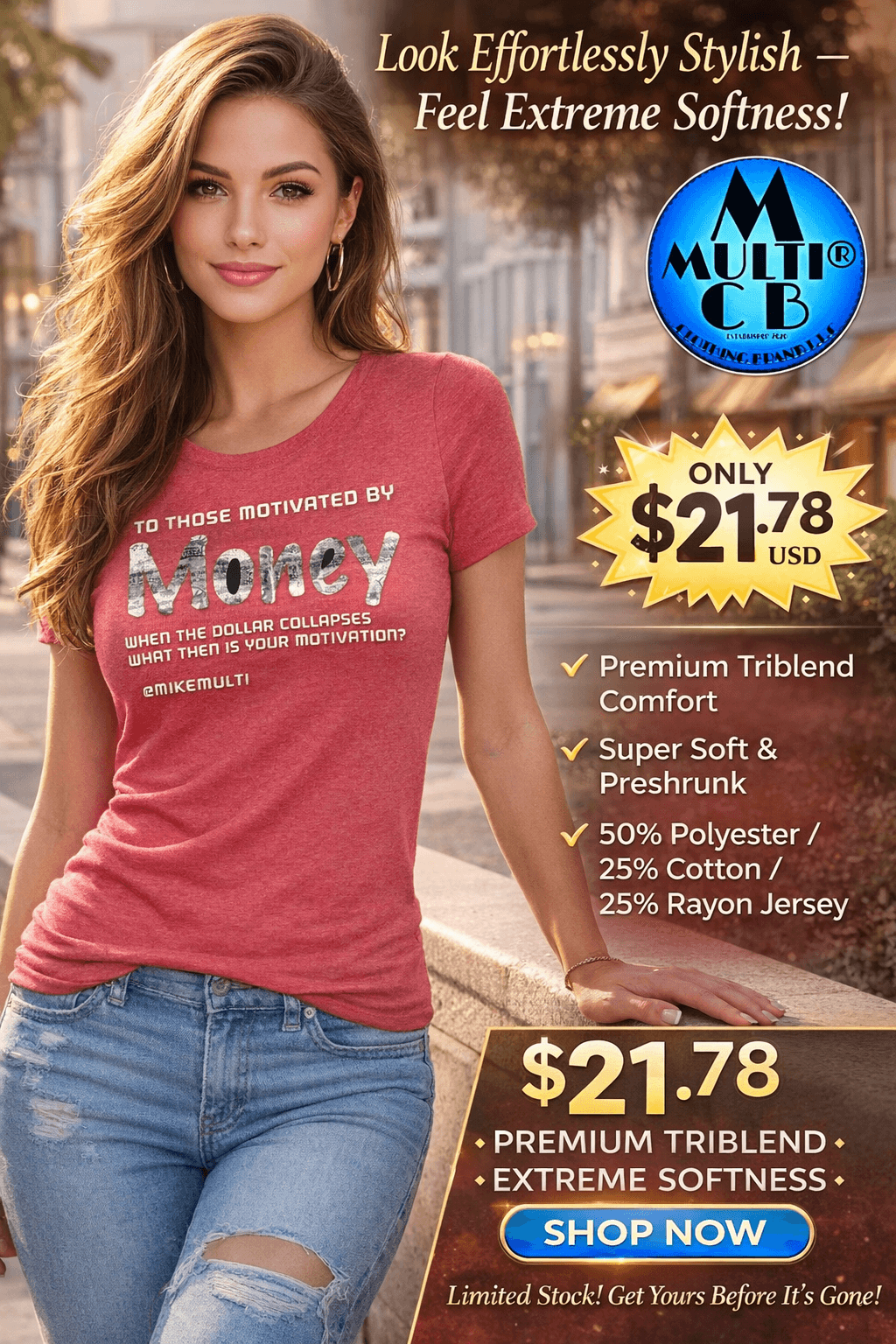 Money - Ladies T-Shirt Triblend in heather red with bold white print, featuring soft vintage fabric blend for extreme comfort and stylish fit.