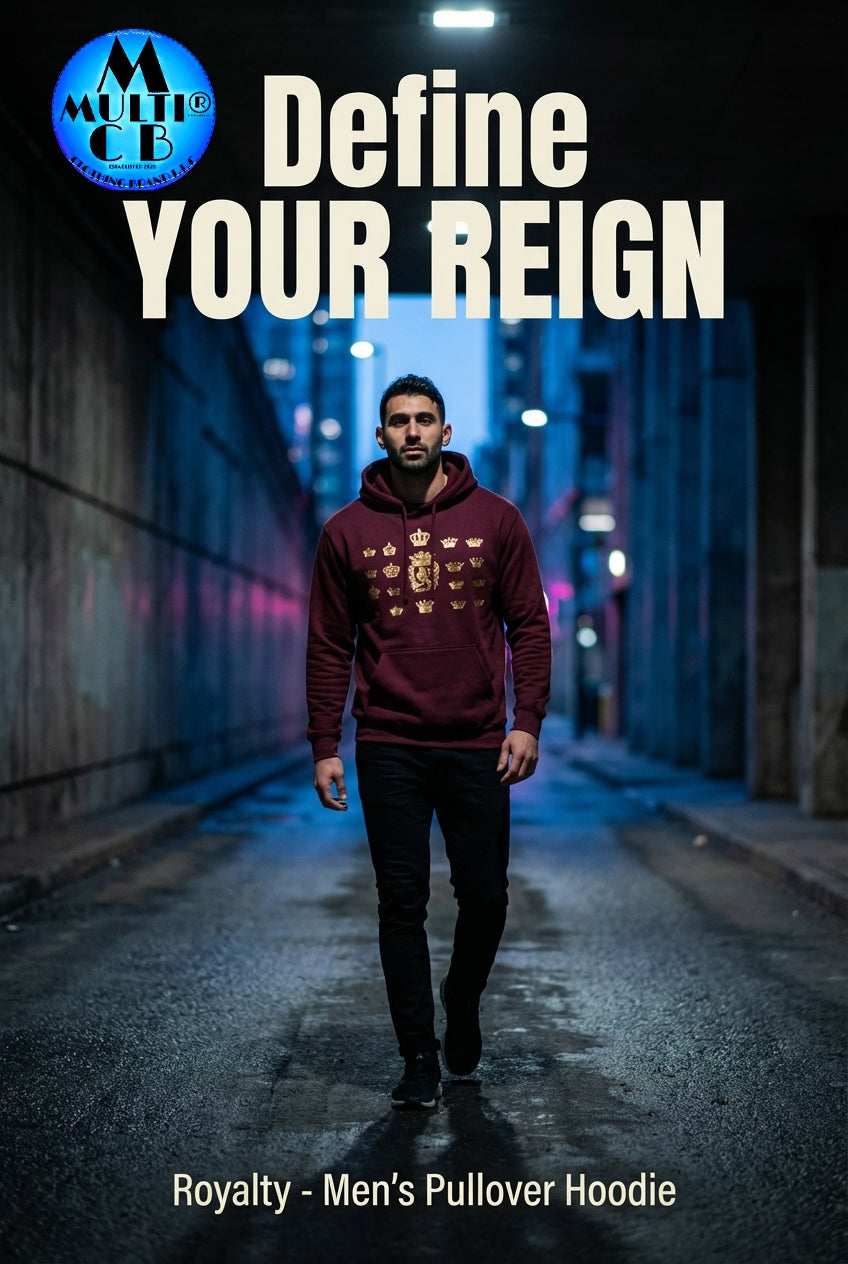 Royalty - Men's Pullover Hoodie by Multi Clothing Brand LLC in maroon with gold digital print, worn by male model in urban alleyway. Stylish cotton/polyester blend sweatshirt with pouch pocket and unisex fit.
