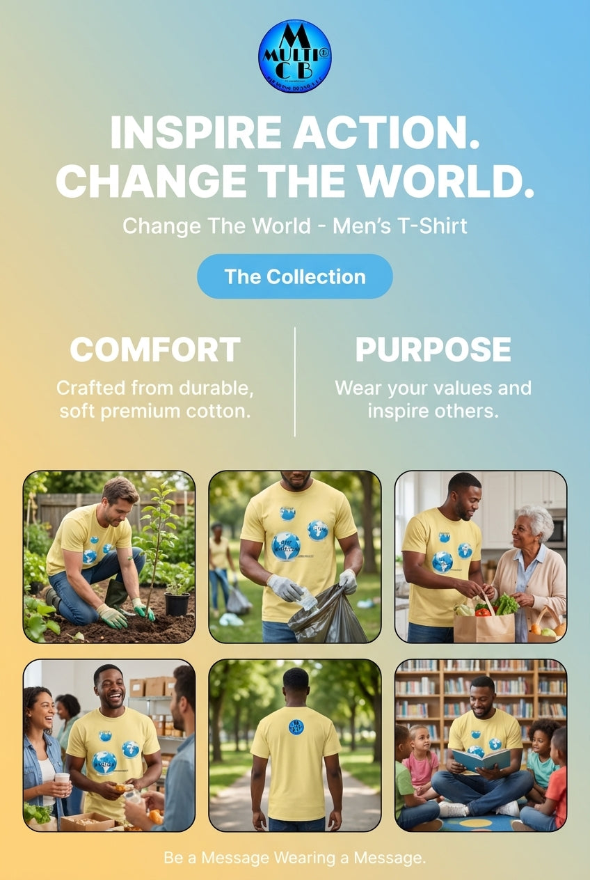 Change The World - Men's T-Shirt | Men's slimming t shirt in yellow with globe and message print, worn by men in community service and social settings.