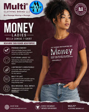 Maroon Bella Canvas ladies' T-shirt with Money design, soft cotton fabric, fitted silhouette, casual wear for women, SKU: 952-9399-109112066-45531