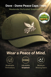 Dove perforated snapback cap with peace logo, adjustable fit, breathable fabric, streetwear style